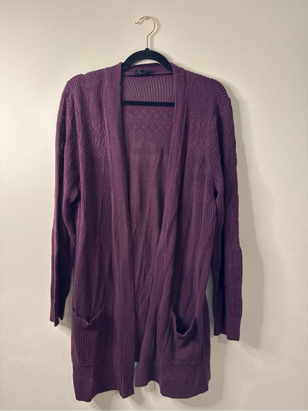 Torrid Size 1 Purple Pointelle Open Knit Long Cardigan Sweater Pockets